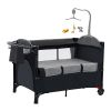 6 In 1 Foldable Baby Crib with Activity Center Diaper Changing Table Mosquito Net Mattress Music Box Toys Storage Tray Baby Bassinet Baby Sleeper