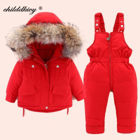 2pcs Set Baby Girl winter down jacket and jumpsuit for children Thicken Warm fur collar jacket for girls Infant snowsuit 0-4Year (Color: Red, size: 12 meses)