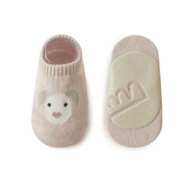 Kids Girl Embroidered Pattern Non-Slip Floor Soft Socks (Color: Khaki, Size/Age: L (3-5Y))