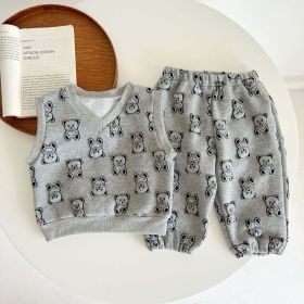 Baby Bear Embroidered Pattern Vest Combo Trousers Sets (Color: Grey, Size/Age: 100 (2-3Y))