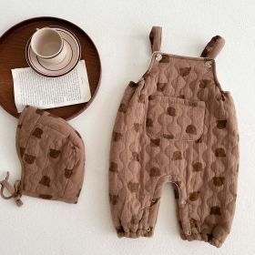 Baby Cartoon Bear Pattern Sleeveless Quilted Warm Jumpsuit With Hat (Color: Brown, Size/Age: 90 (12-24M))