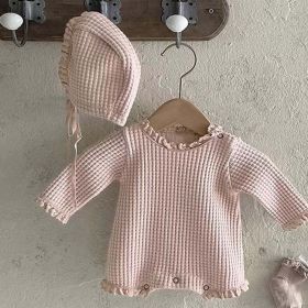 Baby Girl Solid Color Waffle Pattern Lace Design Long Sleeves Triangle Bodysuit (Color: pink, Size/Age: 80 (9-12M))