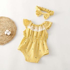 Baby Girl Plaid Pattern Lace Patchwork Design Sleeveless Onesies (Color: Yellow, Size/Age: 59 (0-3M))