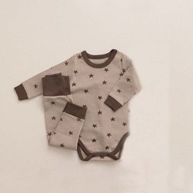 Baby Star & Moon Graphic Cotton Bodysuit Combo Pants Thermal Underwear Sets (Color: Khaki, Size/Age: 66 (3-6M))