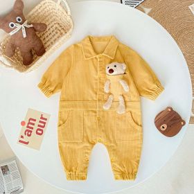 Baby 3D Cartoon Bear Patched Design Corduroy Fabric Button Front Romper (Color: Yellow, Size/Age: 80 (9-12M))