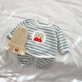 Baby Striped Pattern Cartoon Design Hoodies 2 Pieces Sets (Color: Green, Size/Age: 66 (3-6M))