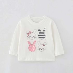 Baby Girl Rabbit Print Pattern Crewneck Long Sleeve Comfy Shirt (Color: White, Size/Age: 120 (5-7Y))