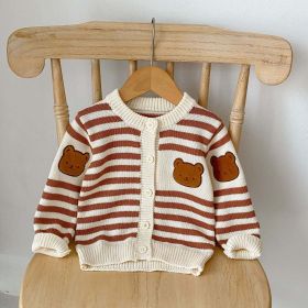 Baby Striped Pattern Cartoon Bear Patched Design Onesies With Cardigan (Color: Brown, Size/Age: 80 (9-12M))