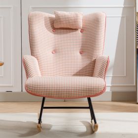 35.5 inch Rocking Chair, Reading Chair, Balcony Chair,Soft Houndstooth Fabric Leather Fabric Rocking Chair for Nursery, Comfy Wingback Glider Rocker f (Color: pink)