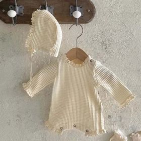 Baby Girl Solid Color Waffle Pattern Lace Design Long Sleeves Triangle Bodysuit (Color: Apricot, Size/Age: 90 (12-24M))