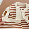 Baby Striped Pattern Cartoon Bear Patched Design Onesies With Cardigan