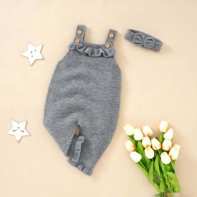 Baby Girl Solid Color Ruffle Design Knit Romper With Headband (Color: Grey, Size/Age: 100 (2-3Y))